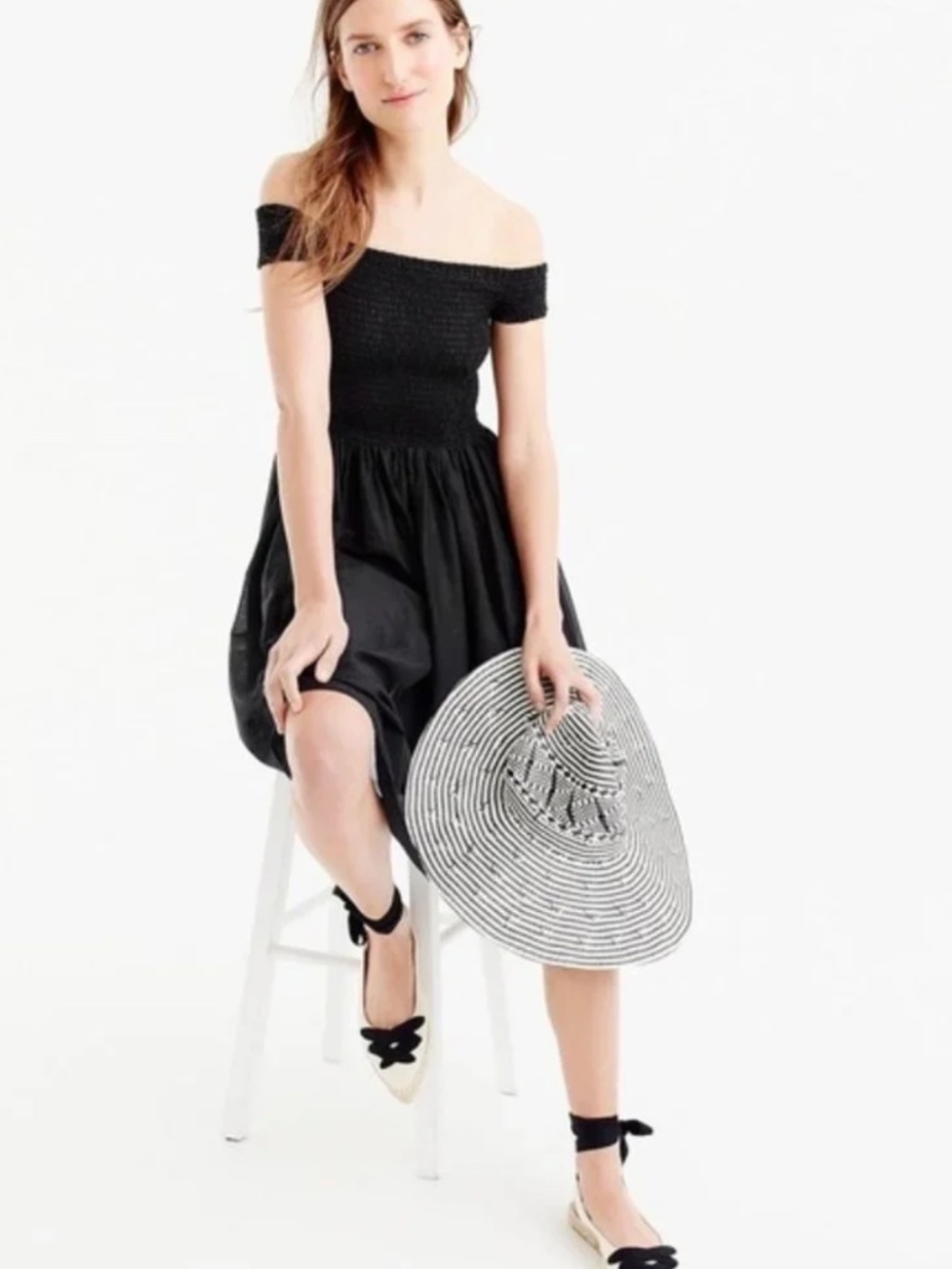 Early 2000's Vintage J. Crew Black Smocked Off the Shoulder Dress